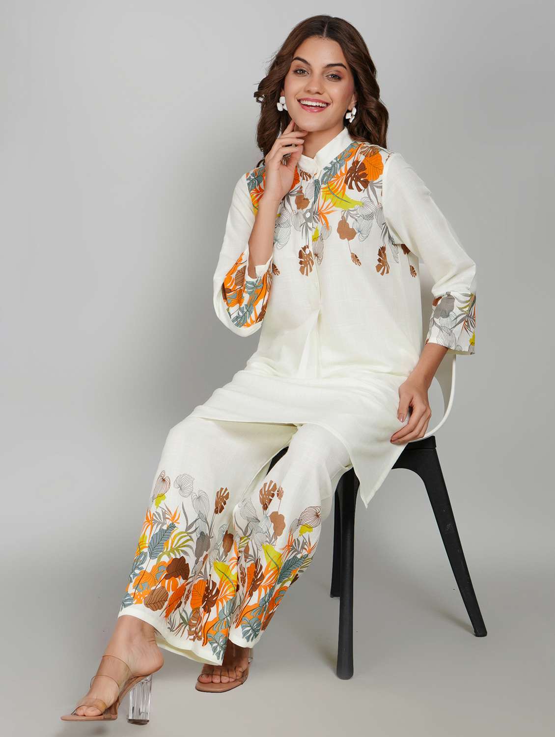 women printed three quarter sleeve ethnic co-ord set