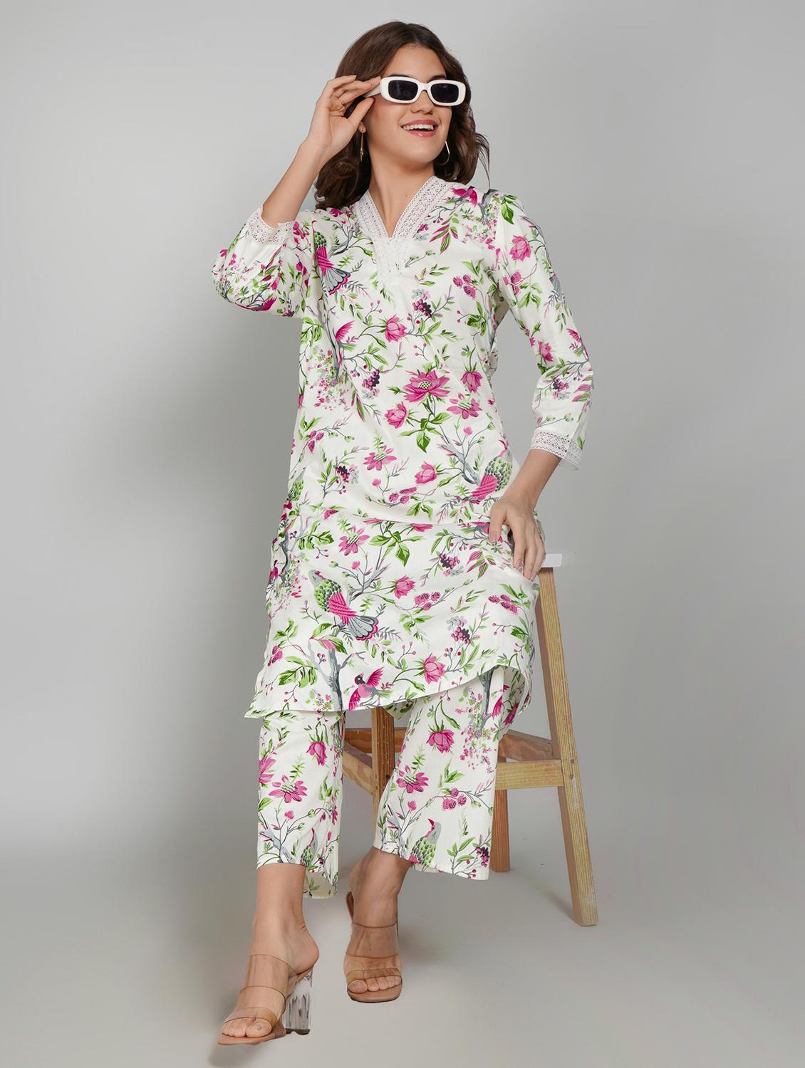 women floral printed three quarter sleeve kurta pant set - 22027447 -  Zoom Image - 0