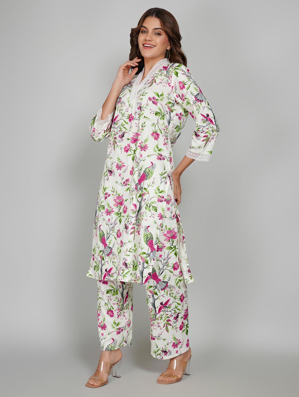 women floral printed three quarter sleeve kurta pant set - 22027447 - Standard Image - 2