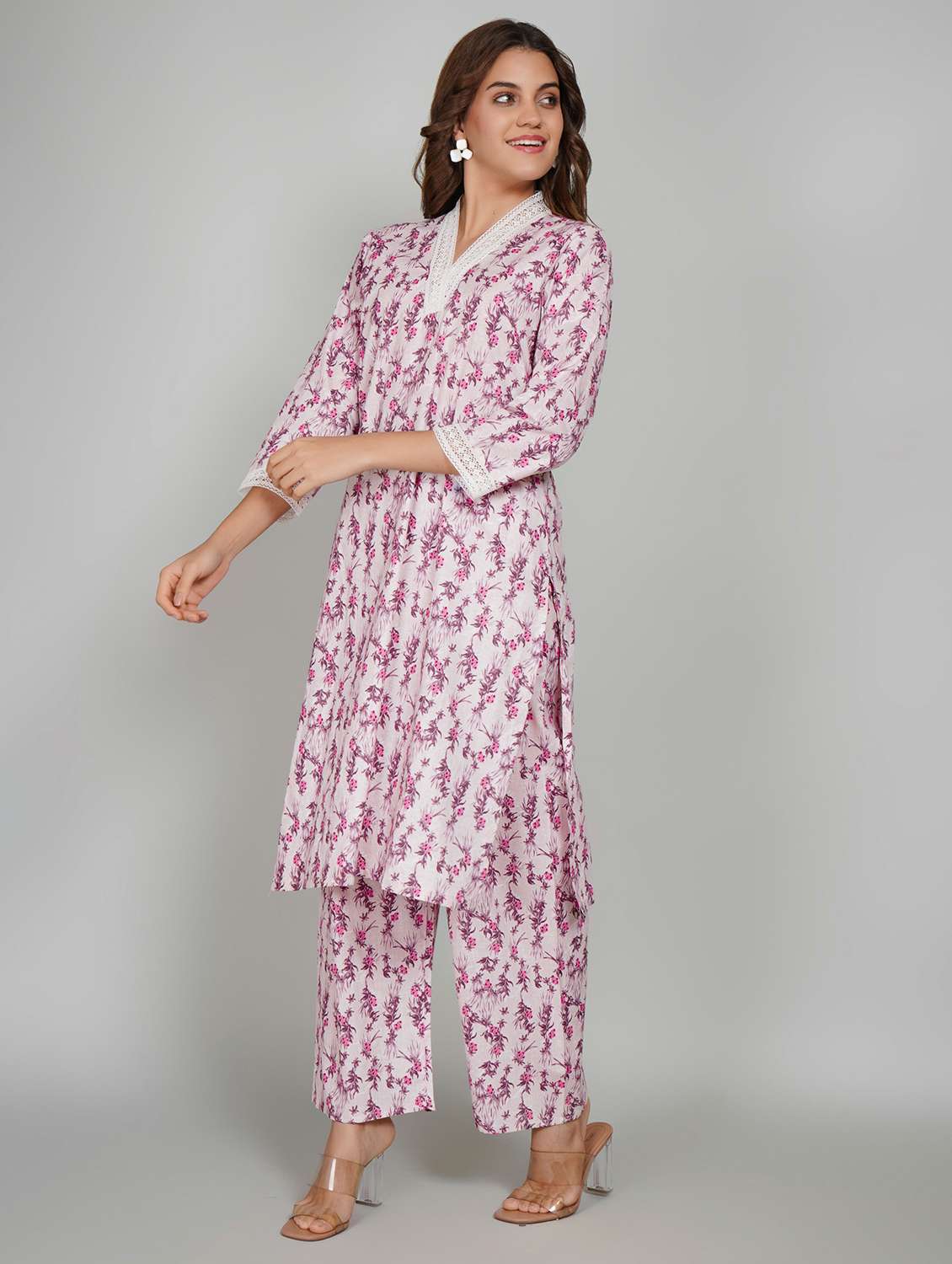 women floral printed three quarter sleeve kurta pant set - 22027450 - Standard Image - 2