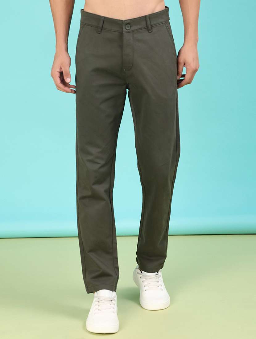 men solid mid rise flat front casual trouser