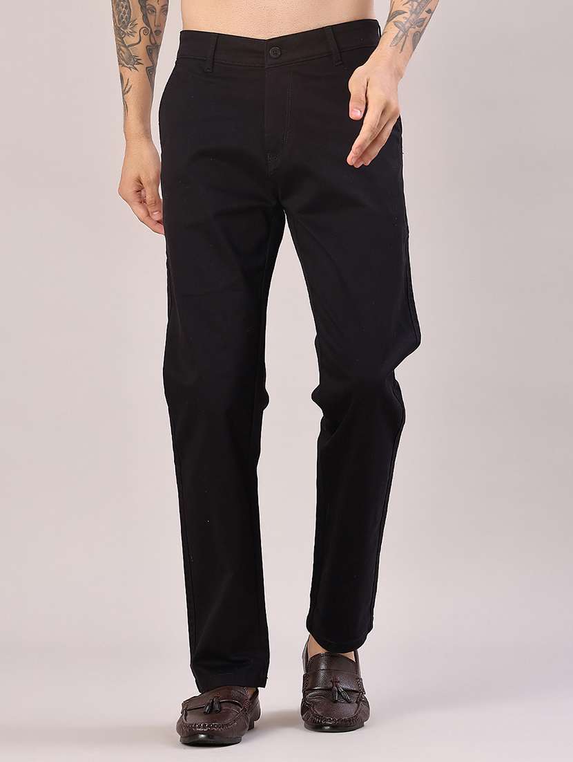 men solid mid rise flat front casual trouser