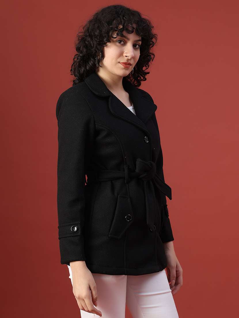 women solid lapel neck long sleeve regular coat - 22028269 -  Standard Image - 2