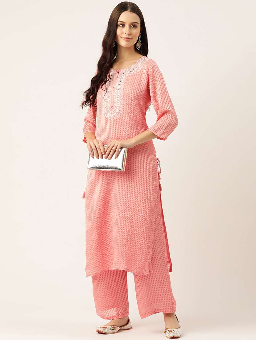 women checkered three quarter sleeve kurta pant set - 22028335 - Standard Image - 2