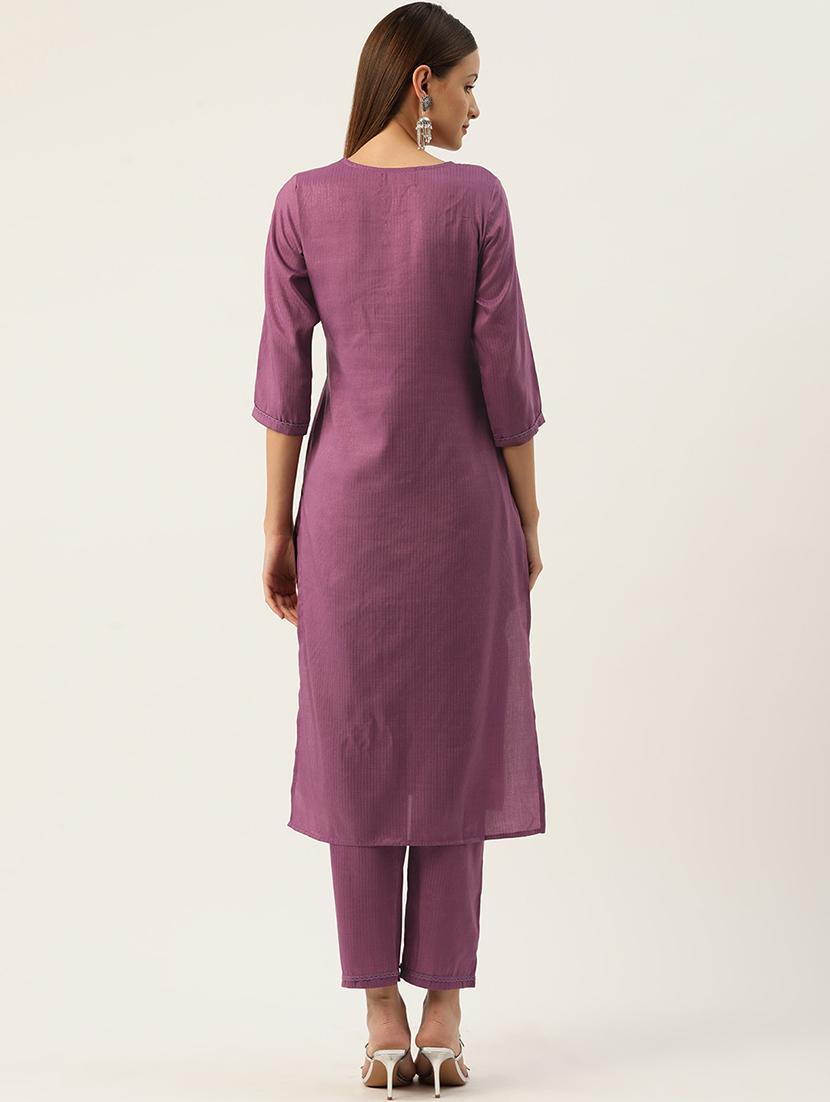 women solid with work three quarter sleeve kurta pant set - 22028338 - Standard Image - 2