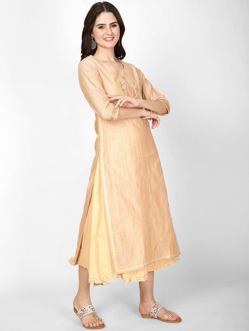 women beige three quarter sleeve ethnic dress - 22028343 -  Standard Image - 2