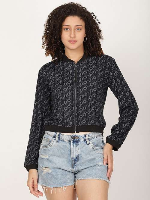 women printed long sleeve crop biker jacket - 22028346 - Standard Image - 0