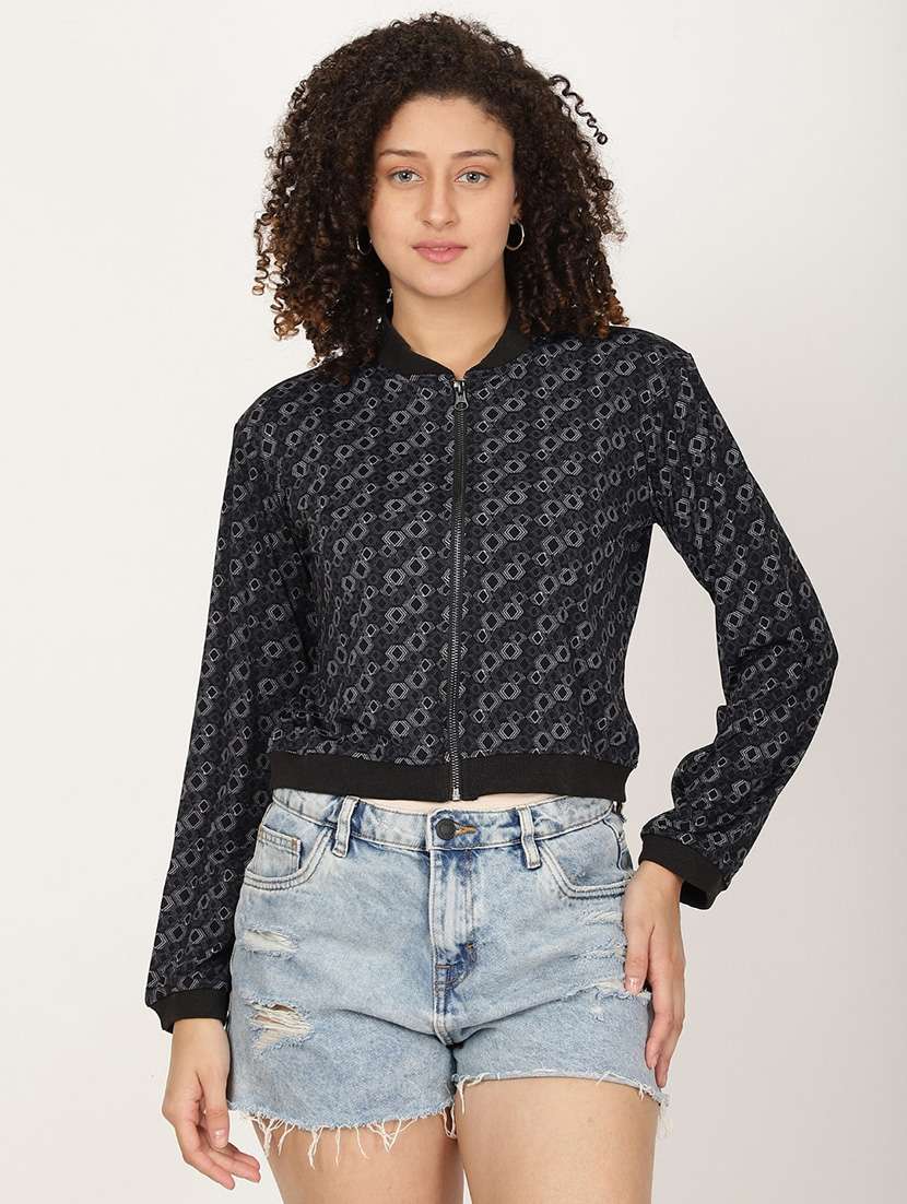 women printed long sleeve crop biker jacket - 22028346 - Zoom Image - 0