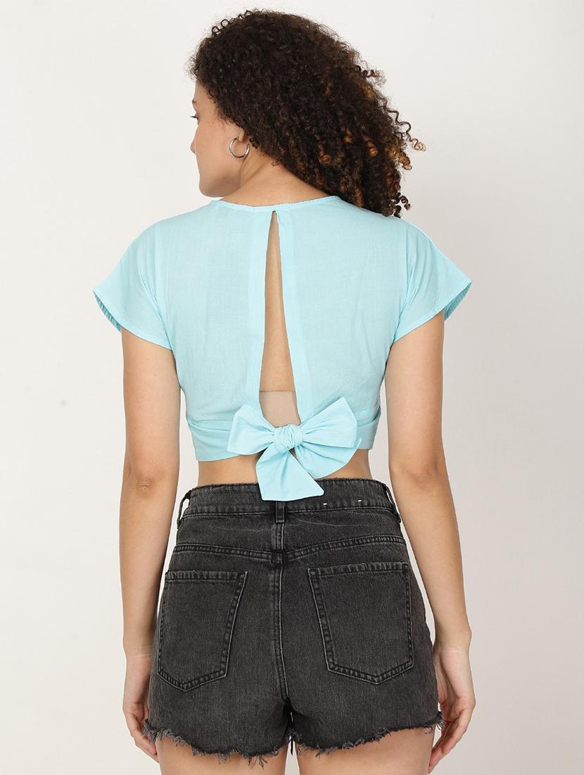 women solid short sleeve backless crop top - 22028363 - Standard Image - 2