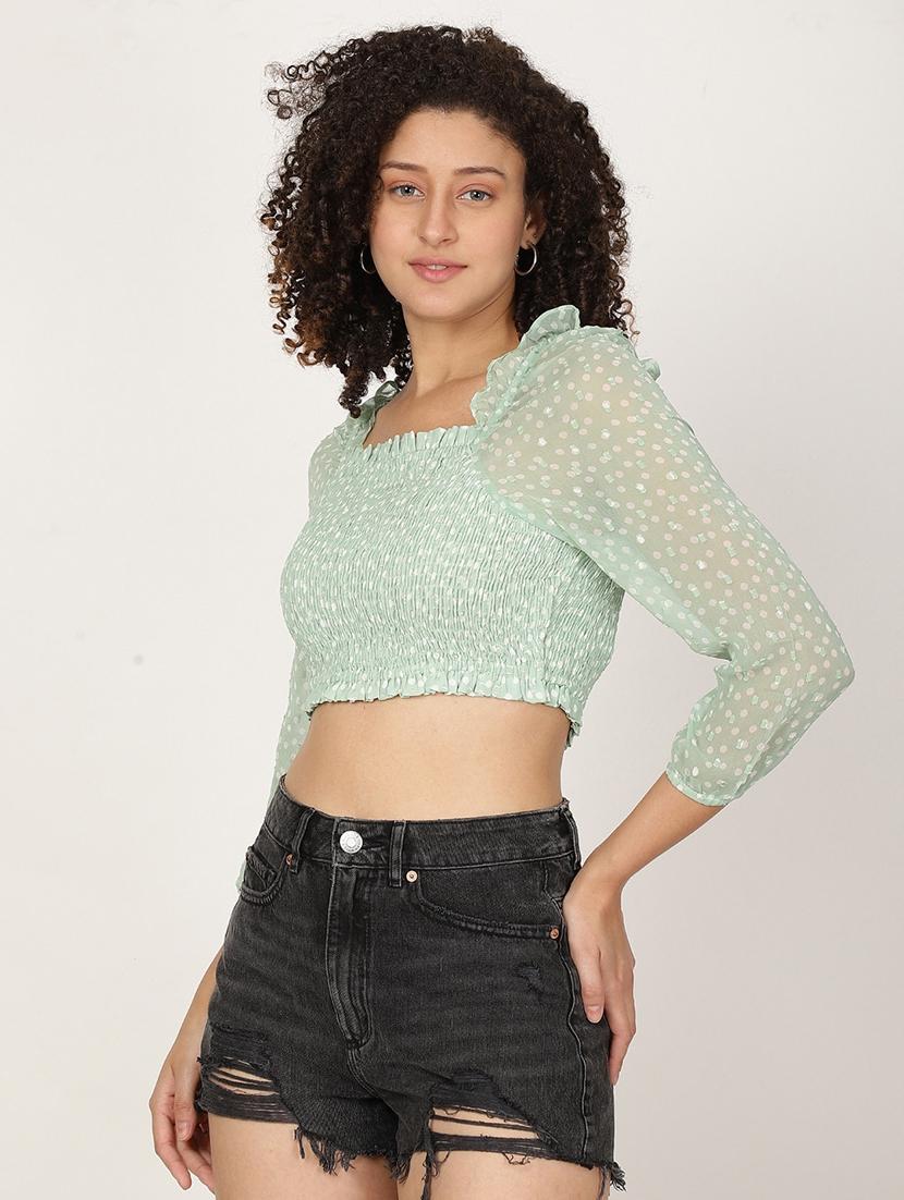 women printed smocked crop top - 22028364 - Standard Image - 2