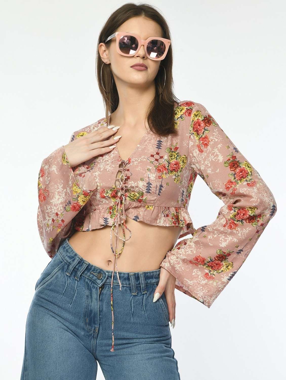 women floral print bell sleeve crop top
