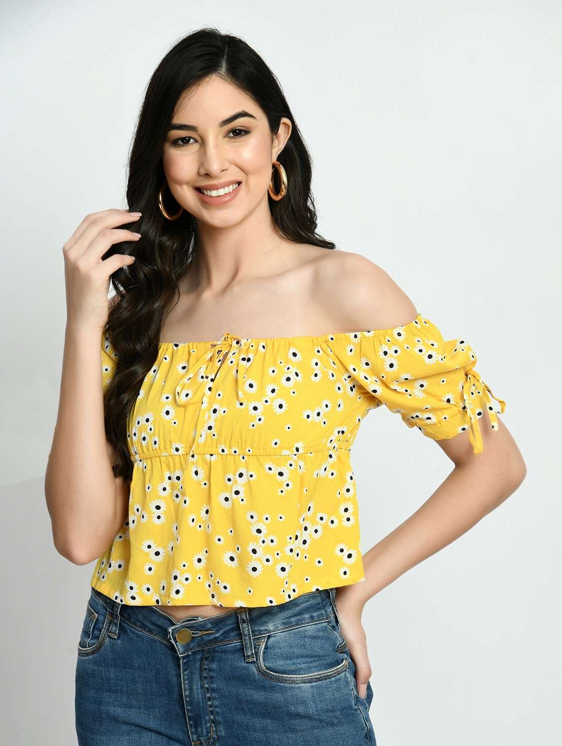 women floral print off shoulder crop top