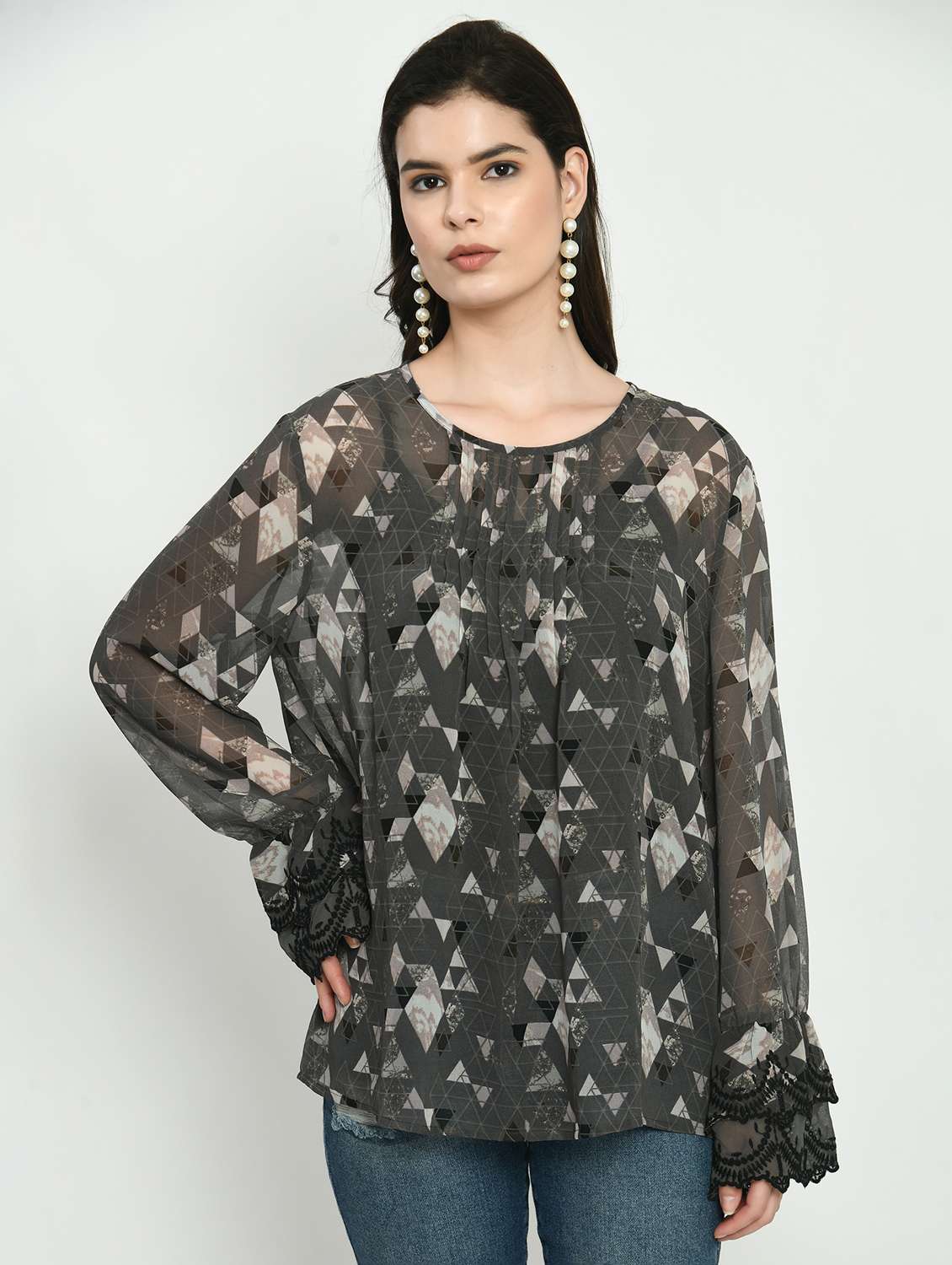 women printed bell sleeve a-line top