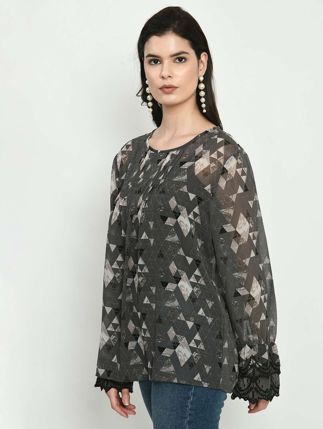 women printed bell sleeve a-line top - 22028372 -  Standard Image - 2