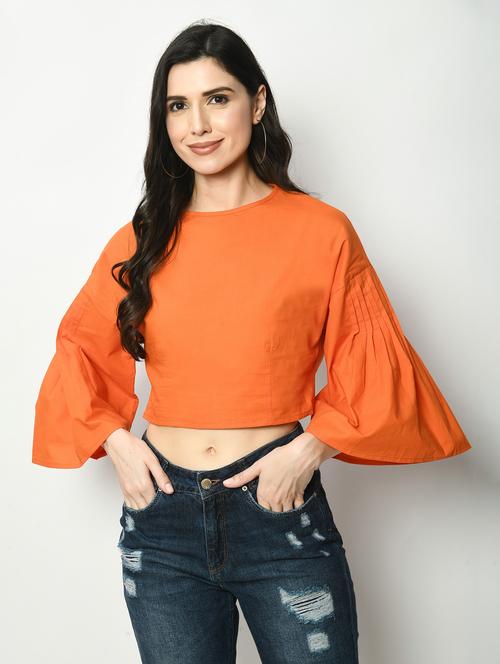 women orange solid bell sleeve crop top - 22028373 - Standard Image - 0