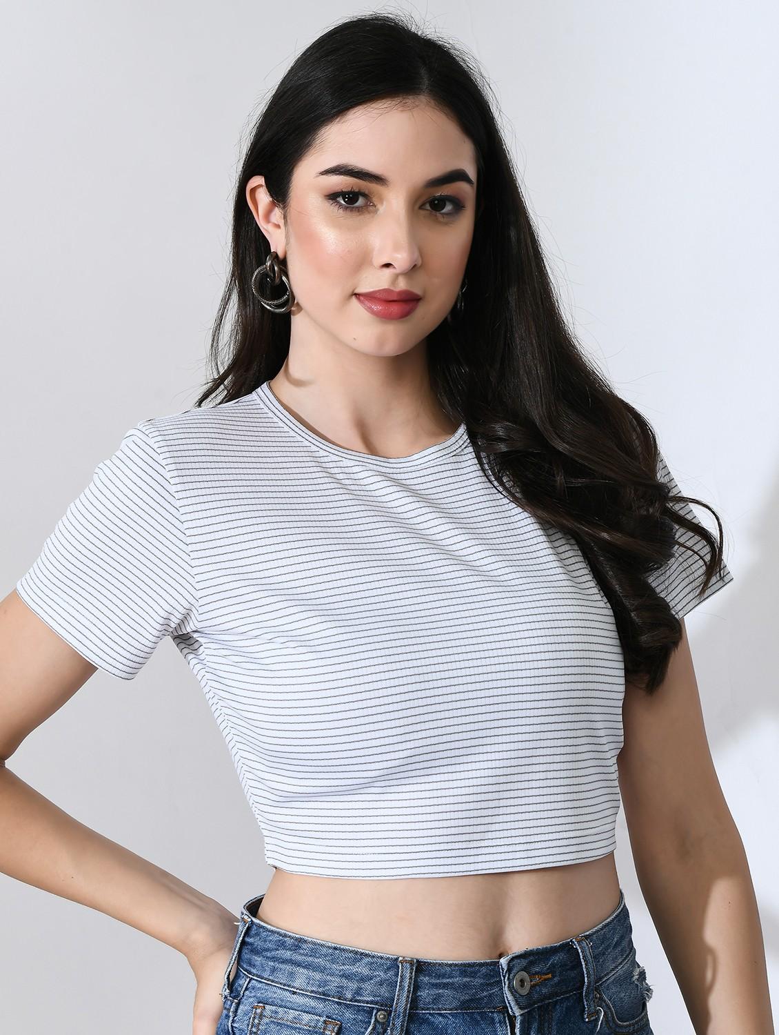women striped short sleeve crop top - 22028379 - Standard Image - 2