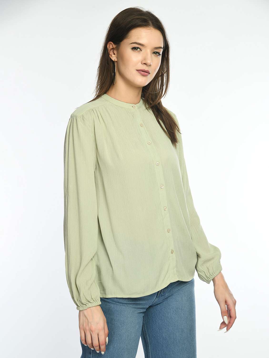 women solid mandarin collar long sleeve shirt top - 22028383 -  Standard Image - 2