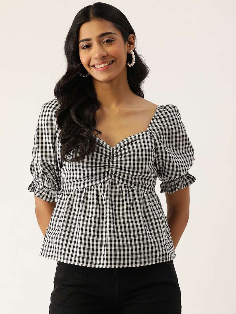 women checkeredpuff sleeve peplum top