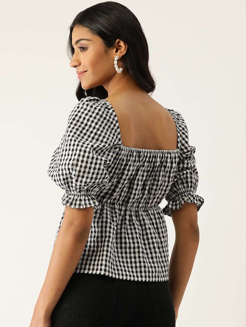 Women Checkeredpuff Sleeve Peplum Top - 22028390 -  Standard Image - 2