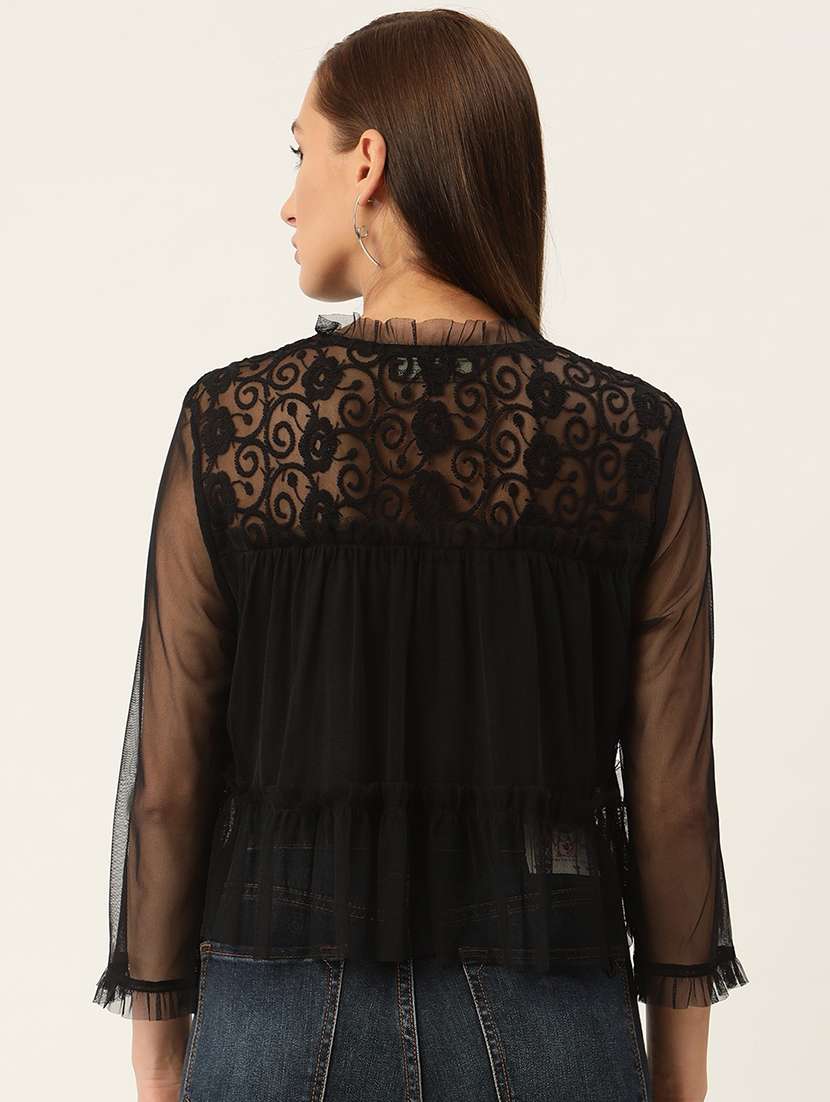 women solid mandarin neck sheer top - 22028397 -  Standard Image - 2