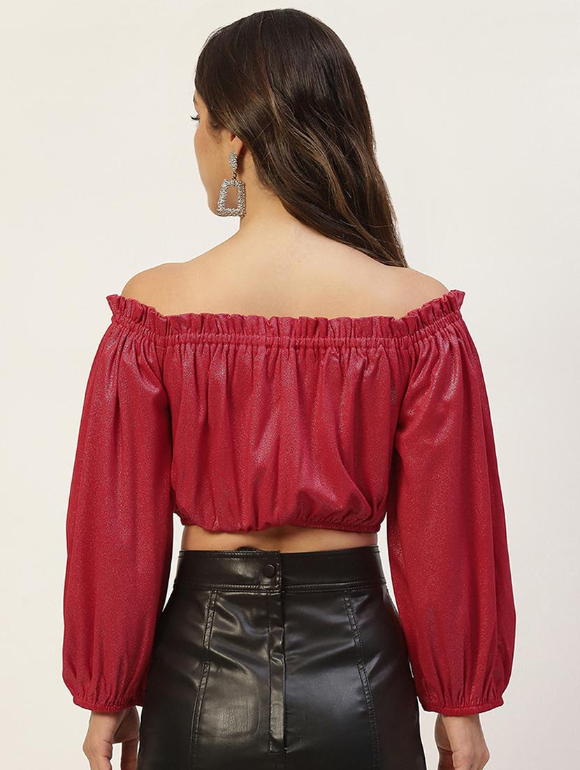 women solid off shoulder long sleeve crop top - 22028405 - Standard Image - 2