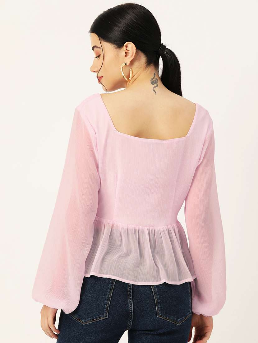 women pink solid puff sleeve peplum top - 22028418 -  Standard Image - 2