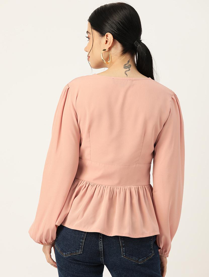 women peach solid puff sleeve peplum top - 22028420 - Standard Image - 2