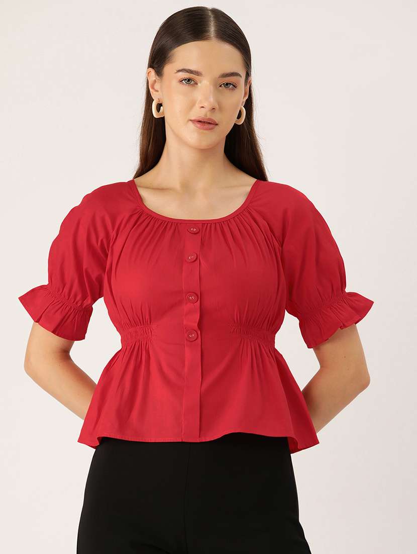 women red solid puff sleeve peplum top