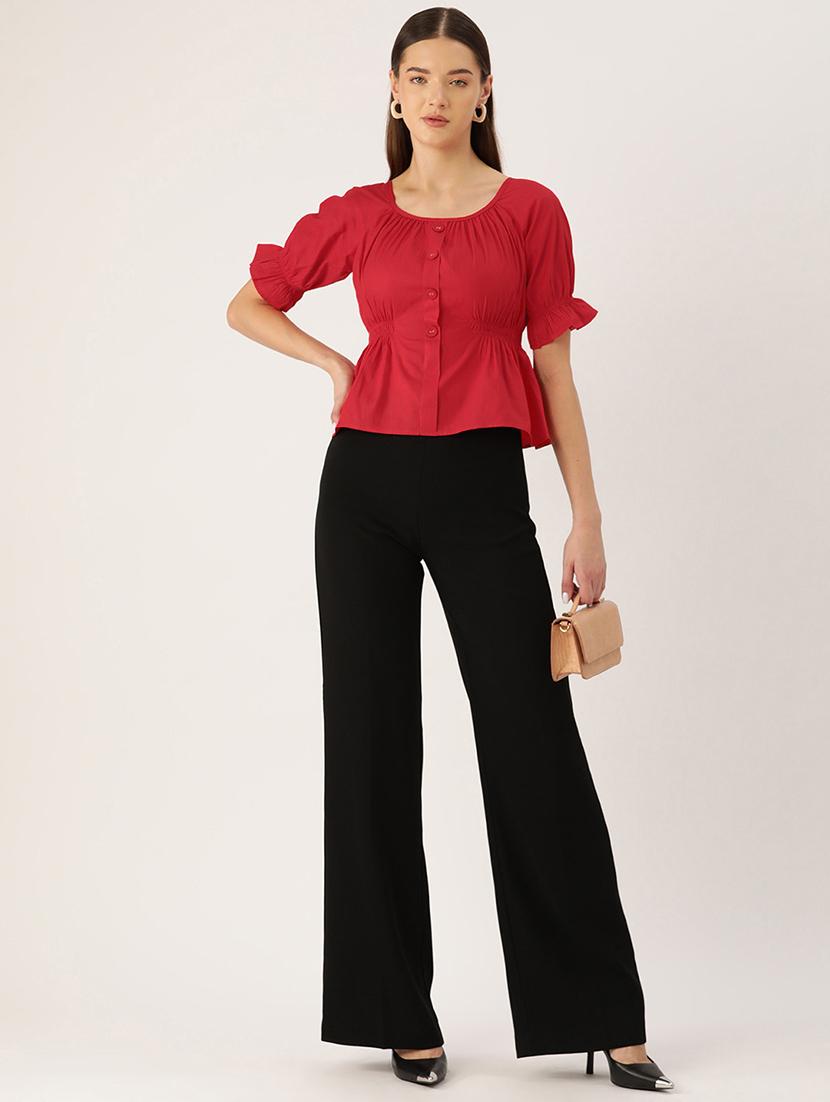 women red solid puff sleeve peplum top - 22028427 - Standard Image - 2