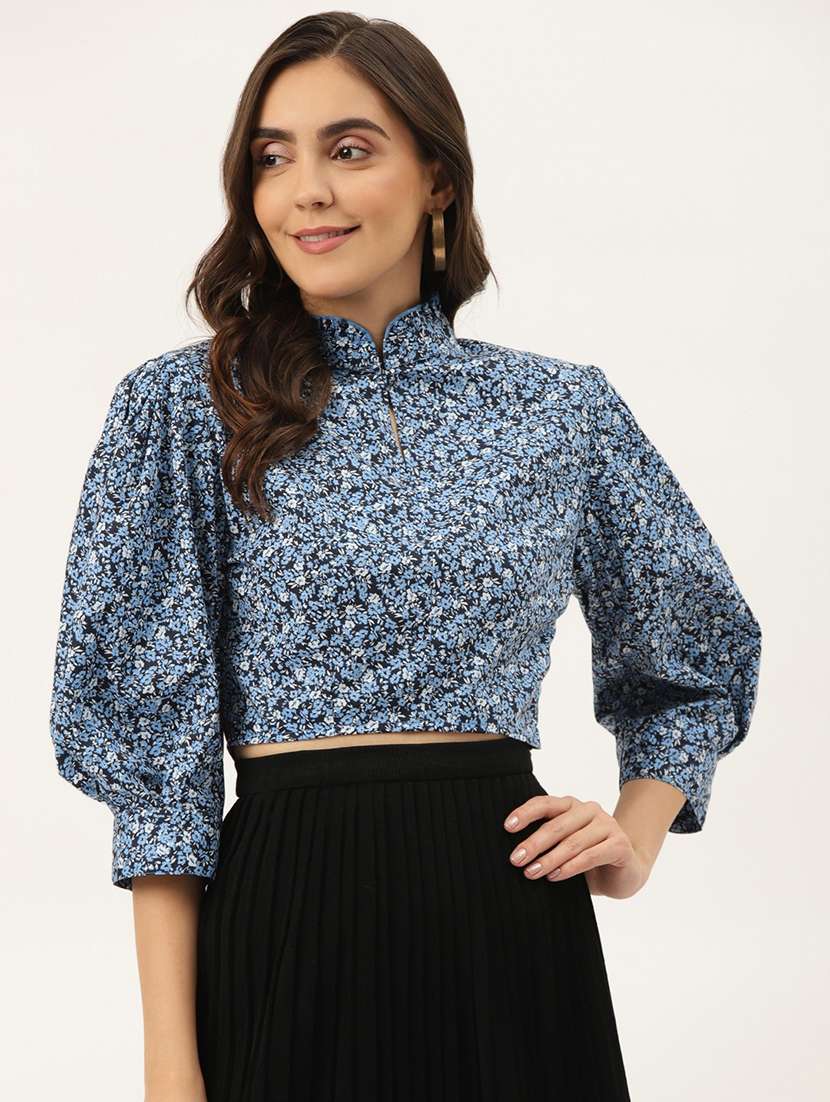 women floral print puff sleeve blouson top