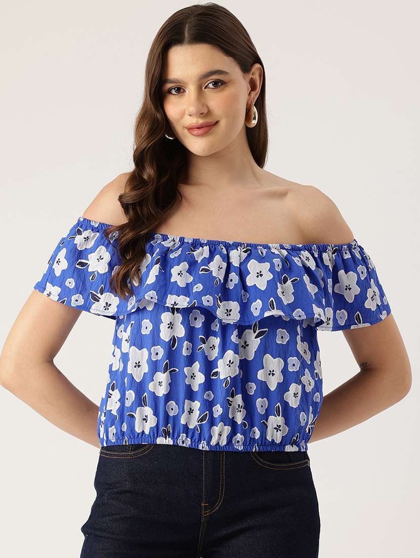 women floral print off shoulder crop top