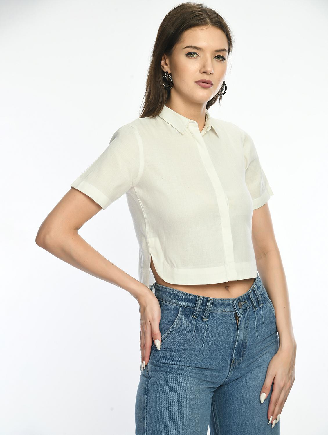 women solid collared short sleeve crop shirt - 22028503 - Standard Image - 2