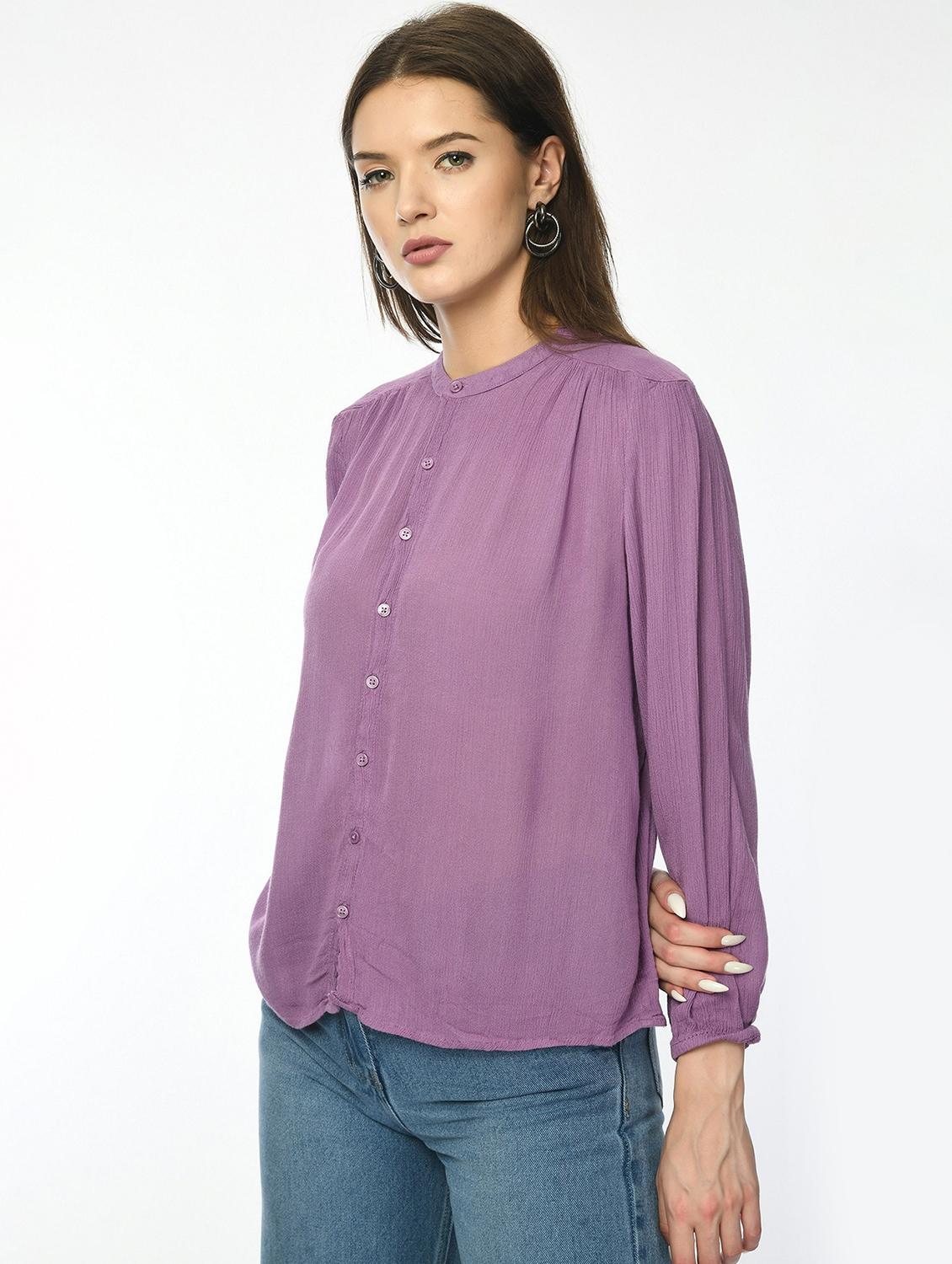 women solid long sleeve mandarin collar shirt - 22028504 - Standard Image - 2