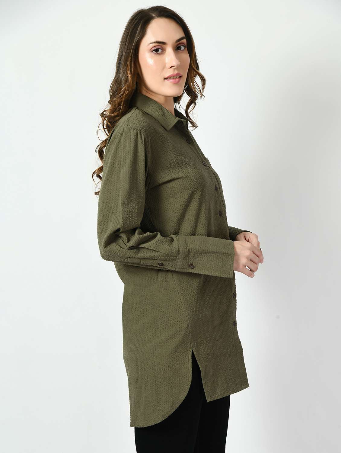 women solid collared long sleeve high low shirt - 22028506 - Standard Image - 2