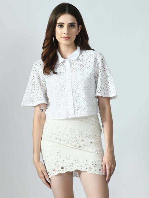 women solid collared puff sleeve crop schiffli shirt - 22028507 - Standard Image - 0