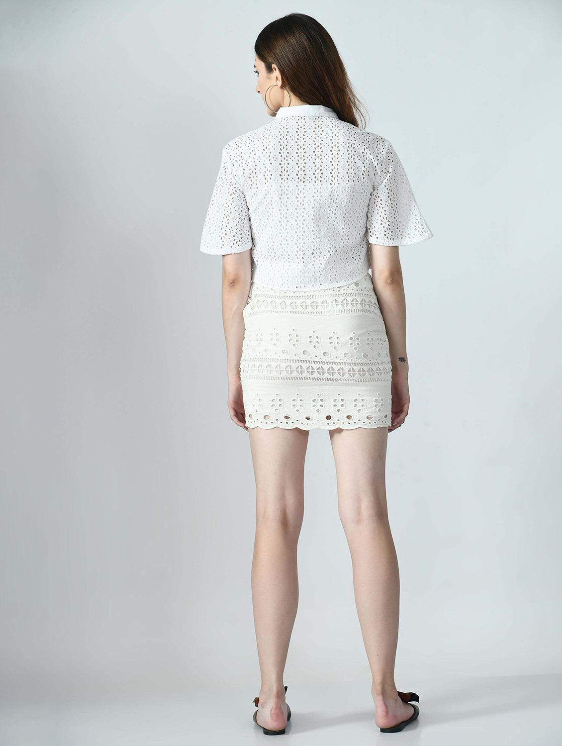 women solid collared puff sleeve crop schiffli shirt - 22028507 - Standard Image - 2