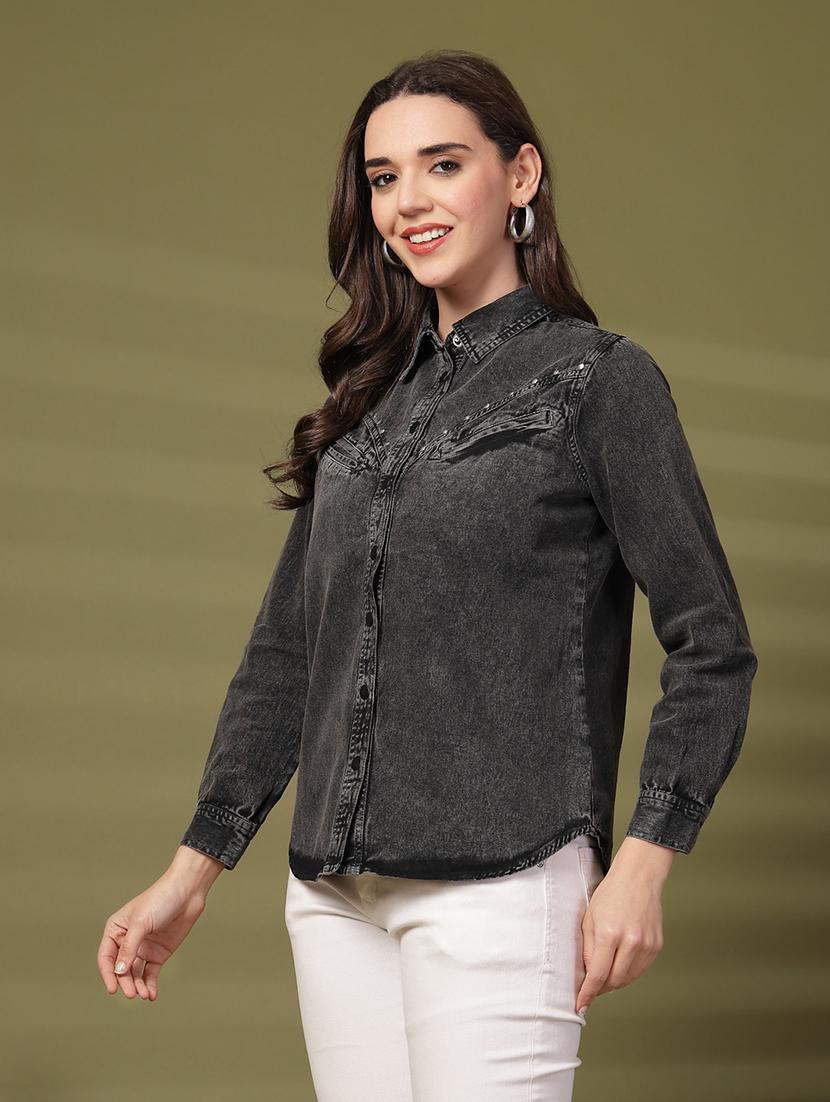 women solid collared long sleeve denim shirt - 22028508 - Standard Image - 2