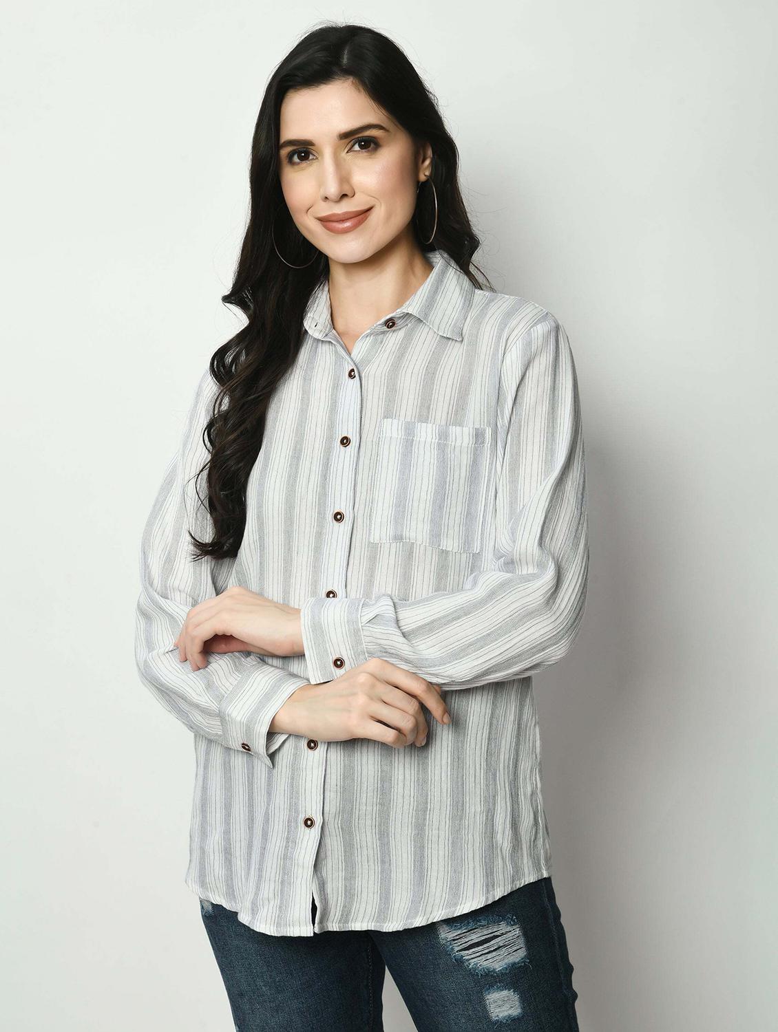 women striped collared long sleeve shirt - 22028529 - Zoom Image - 0
