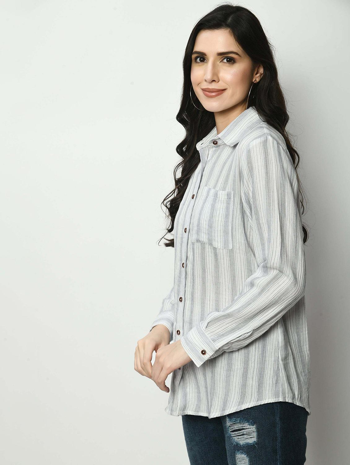 women striped collared long sleeve shirt - 22028529 - Standard Image - 2