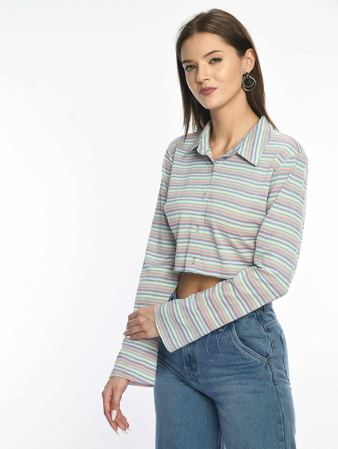 women striped collared long sleeve crop top - 22028530 - Standard Image - 2