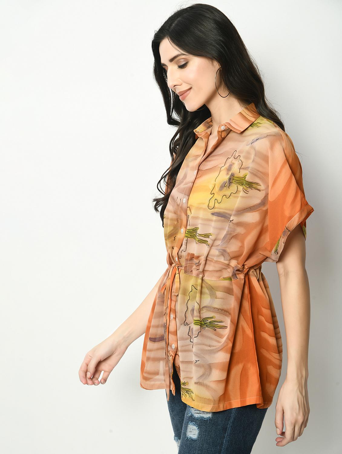 women printed collared kimono sleeve kaftan top - 22028531 - Standard Image - 2
