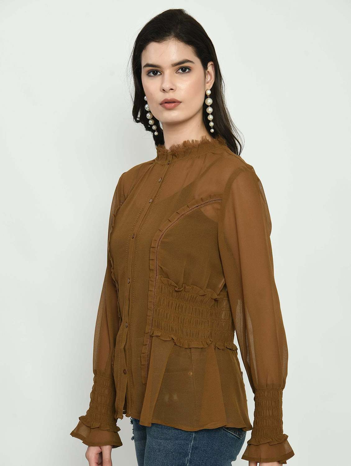 women solid long sleeve sheer regular top