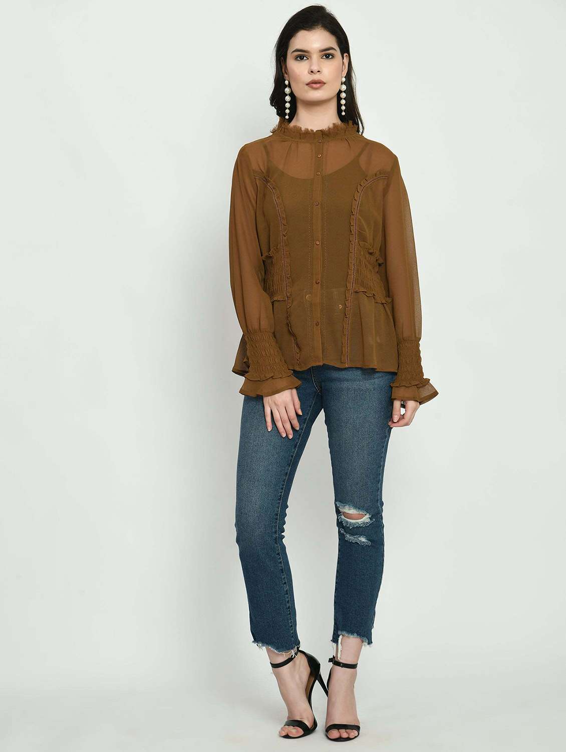 women solid long sleeve sheer regular top - 22028532 -  Standard Image - 2