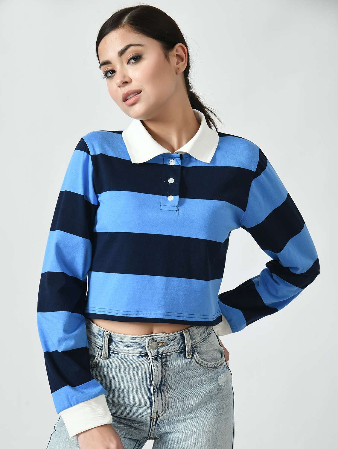 women color blocked long sleeve crop polo jacket