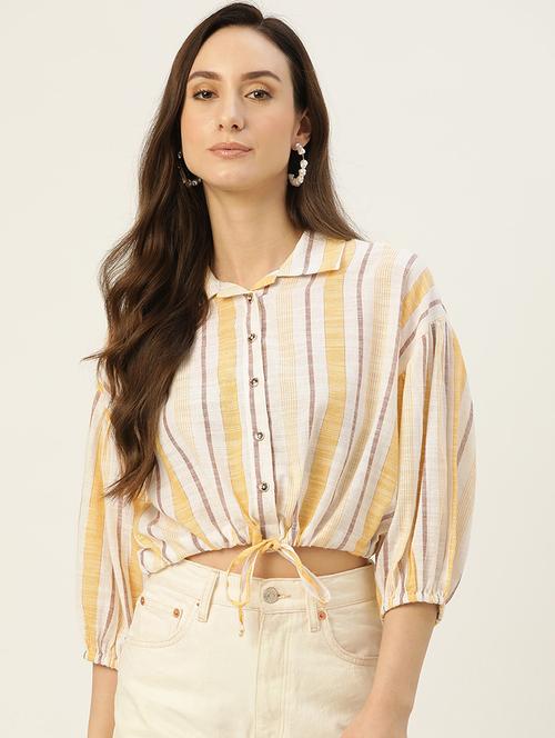 women striped collared puff sleeve crop top - 22028536 - Standard Image - 0