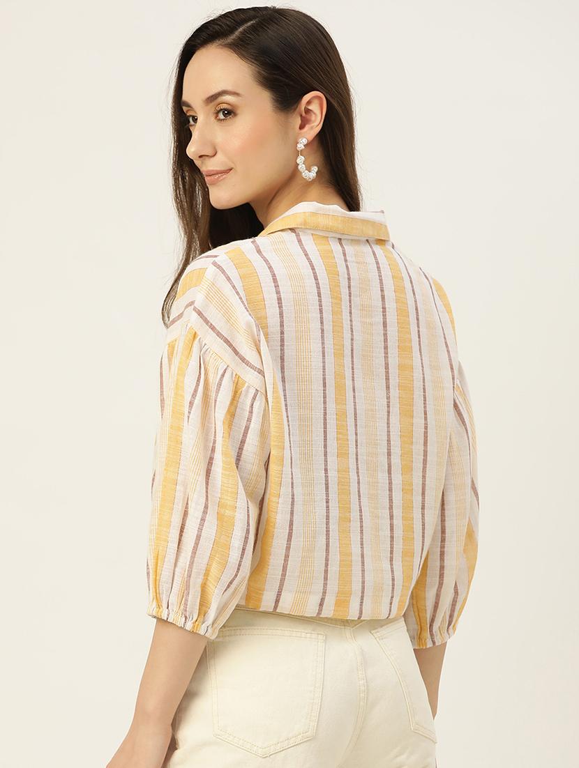women striped collared puff sleeve crop top - 22028536 - Standard Image - 2
