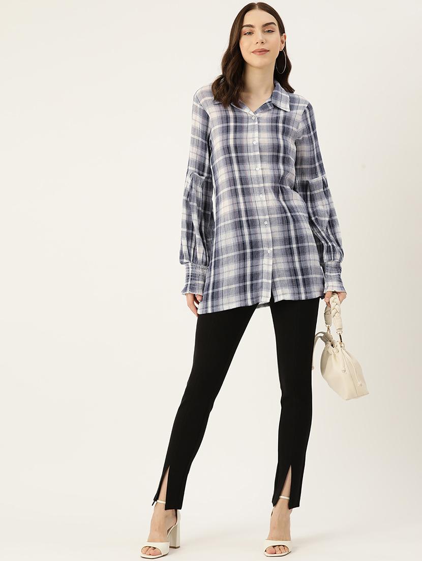 women checkered collared long sleeve shirt tunic - 22028537 - Standard Image - 2