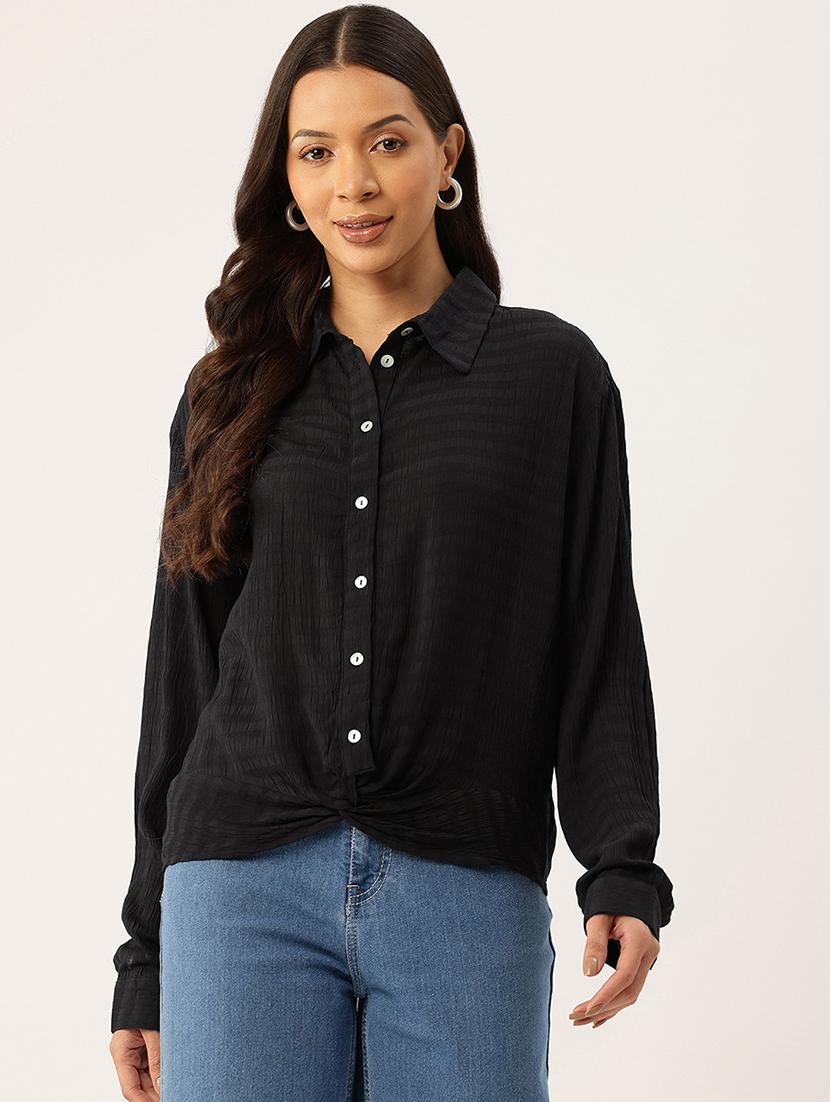 women black solid collared long sleeve shirt - 22028538 -  Zoom Image - 0