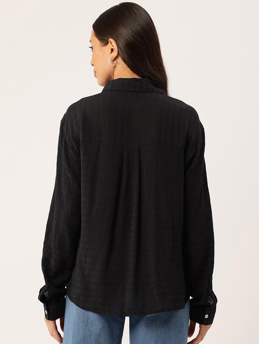 women black solid collared long sleeve shirt - 22028538 - Standard Image - 2