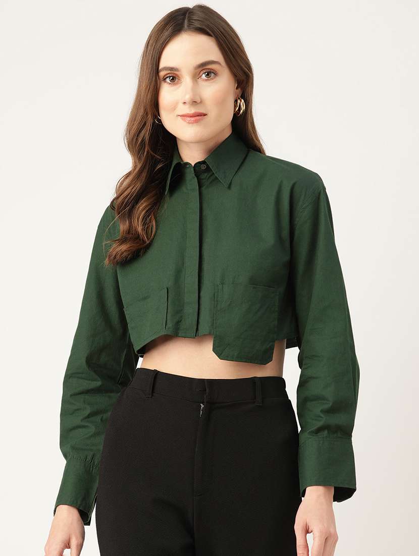women green solid collared long sleeve crop shirt - 22028539 - Zoom Image - 0